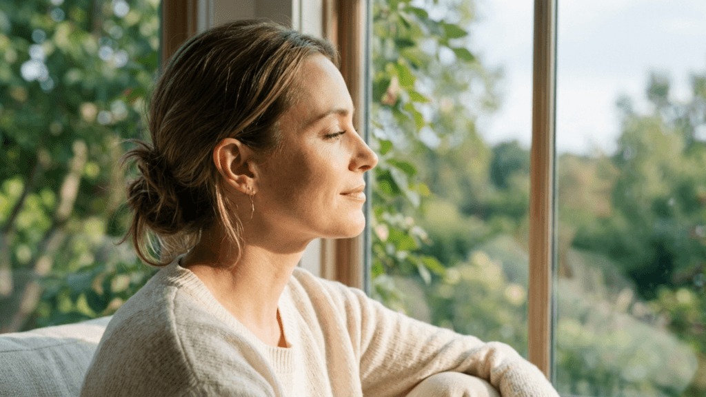 A serene woman with a natural look and hair tied in a loose bun, wearing a cream-colored knit sweater, sits in profile next to a window. The camera captures her in a soft side profile shot with natural sunlight illuminating her face, highlighting her calm expression and minimal makeup. Through the window, lush green trees and foliage are visible in a soft-focus, blurred background, enhancing the peaceful atmosphere.