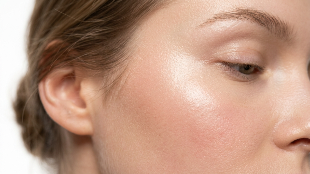 Close-up profile shot of a young female face, highlighting radiant and natural skin texture with subtle luminosity on the cheekbone. The subject has soft, natural makeup, visible skin pores, and light peach-toned cheeks. The camera angle is a tight focus on the eye and cheek area, illuminated by soft, diffused, natural lighting that emphasizes healthy hydration. The hair is pulled back, showing part of the ear, against a clean, neutral, white background.