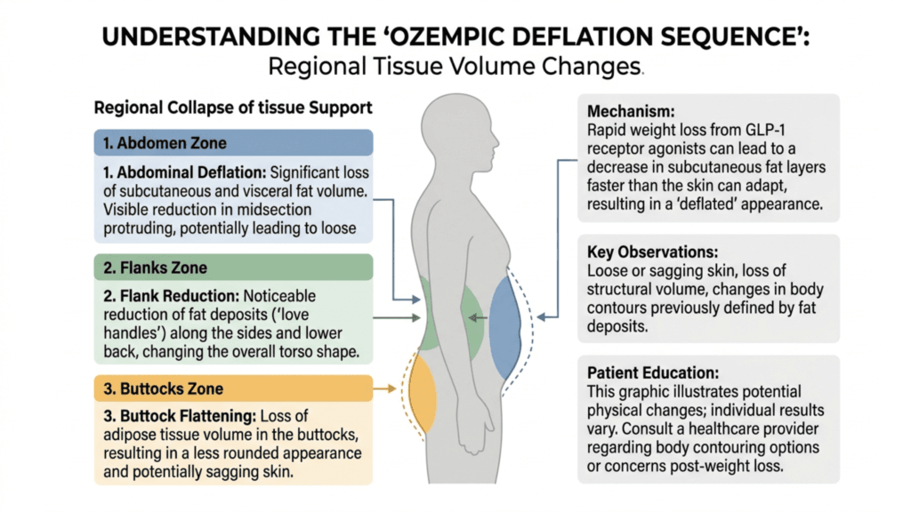 An educational medical infographic titled 'Understanding the Ozemic Deflation Sequence' displaying a neutral-colored, gender-neutral grey silhouette of a human torso viewed from the side in profile. The illustration features three highlighted anatomical zones—abdomen, flanks, and buttocks—color-coded in blue, green, and yellow, respectively, indicating areas of tissue volume loss. The minimalist design has a white background with clear black text boxes explaining the mechanisms of rapid weight loss, skin sagging, and fat deposit reduction, without any clothing, makeup, or specific facial features, set against a sterile, clinical-style layout.