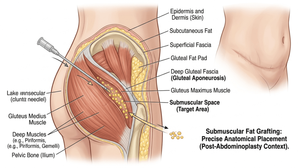 Anatomical medical illustration showing submuscular fat grafting. The image depicts a side-profile view of a human hip and buttock region, featuring a cannula needle injecting fat into the submuscular space between the gluteus maximus and pelvic bone. Labels identify anatomical layers including the skin, subcutaneous fat, deep gluteal fascia, and various muscles. A smaller inset shows a post-abdominoplasty abdominal scar. The style is a clear, educational clinical drawing with a neutral background, soft flat lighting, and no human identifiers such as makeup, clothing, or facial features.