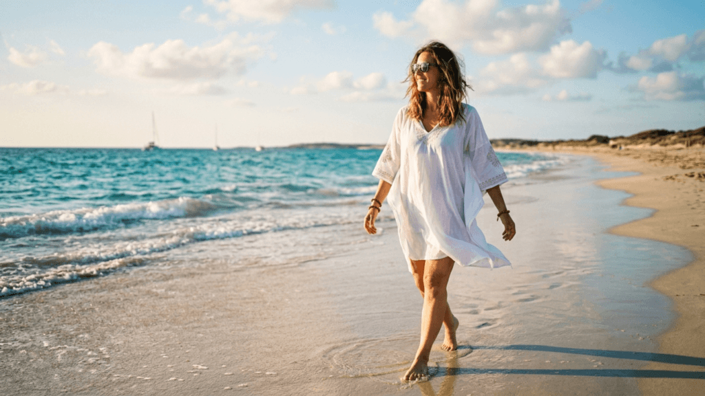 A joyful woman with shoulder-length wavy hair, wearing stylish sunglasses and a loose, white beach cover-up, walks gracefully along a sun-drenched sandy beach. The lighting is warm, golden hour sunlight coming from the side, highlighting her profile and the gentle waves of the turquoise sea in the background. She has natural makeup and is captured from a slightly elevated, eye-level angle, showing a full-body view of her relaxed posture. The background features a serene coastline with distant sailboats under a soft, cloudy blue sky.