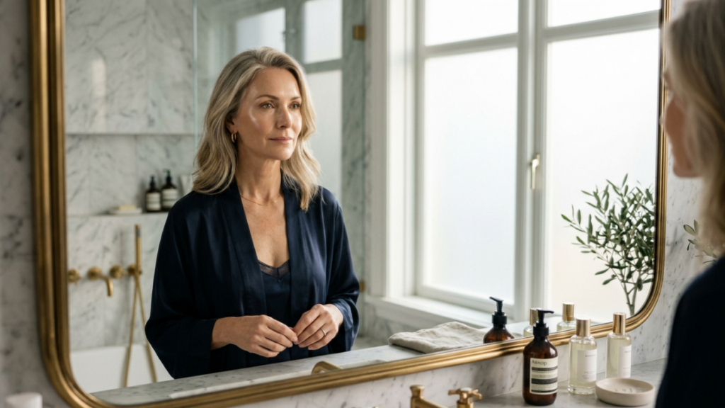 A serene, middle-aged female with shoulder-length blonde hair is looking into a mirror in a luxurious, brightly lit marble bathroom. She is wearing a dark navy blue silk robe over a matching camisole. The scene is captured at eye-level with soft, natural light coming from a nearby window, highlighting her natural makeup, elegant gold earrings, and delicate necklace. The background features a sophisticated marble countertop with various skincare bottles, a small green plant, and a golden faucet, creating a calm and aesthetic atmosphere.