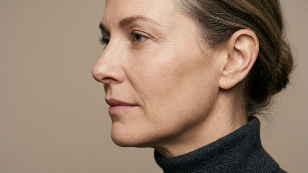 A profile portrait of a middle-aged woman with natural, minimal makeup, featuring visible skin texture and fine lines. She has her hair pulled back and is wearing a dark grey turtleneck sweater. The lighting is soft and even, highlighting her facial anatomy from a side angle against a neutral, beige background.