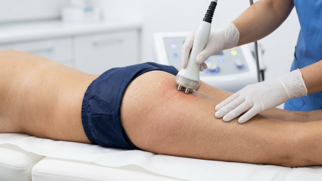 A professional aesthetician, wearing blue medical scrubs and white latex gloves, performs a radiofrequency cellulite treatment on a patient's upper thigh. The patient, of unidentified gender, is lying face down on a white treatment table, wearing navy blue shorts. A clear conductive gel is applied to the skin, which shows slight redness, while the clinician holds the multi-polar RF applicator device. The scene is captured with a close-up, side-angle shot in a brightly lit, sterile medical clinic setting, with a blurred medical aesthetic device console visible in the background.