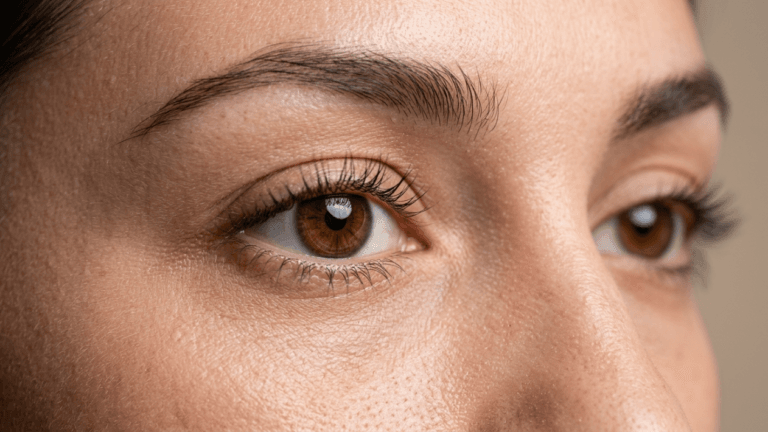 A close-up, high-detail macro shot focusing on the eye area of a female face. The lighting is soft and natural, emphasizing the realistic skin texture, visible pores, and fine details around the hazel-brown eyes. The camera angle is a tight, straight-on side profile, showcasing long, dark, natural eyelashes and well-defined, groomed eyebrows. The person has minimal, natural-looking makeup, highlighting a clean and aesthetic appearance. The background is a plain, neutral-toned surface that keeps the focus entirely on the anatomical features of the eye and surrounding facial skin.