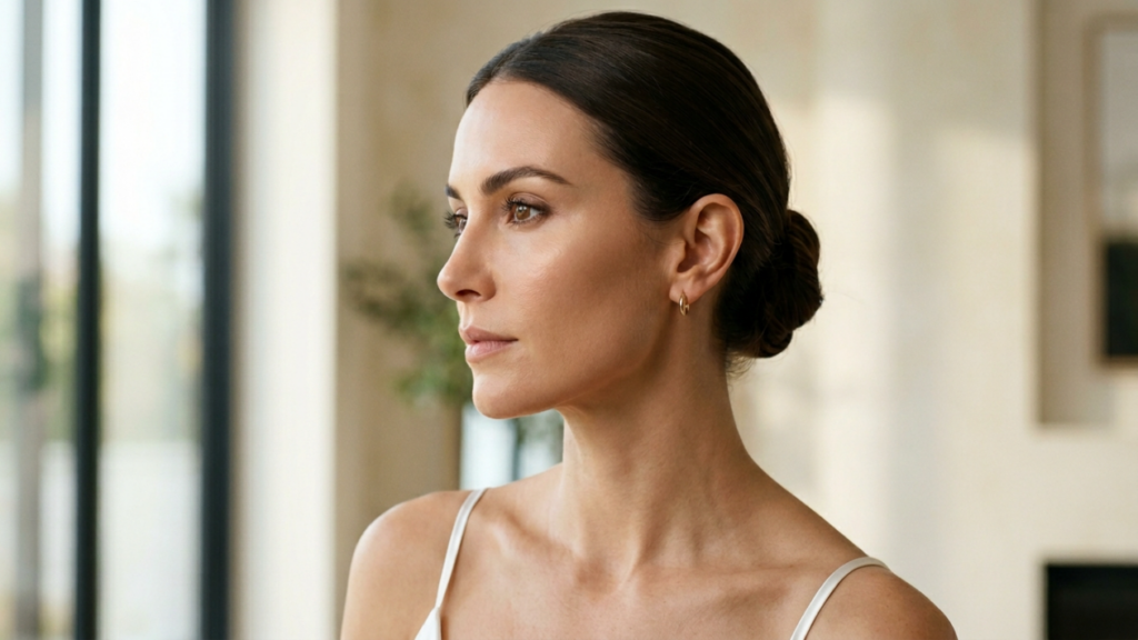 A side-profile close-up shot of a young woman with a feminine anatomy and elegant features, captured with a professional portrait camera angle. The natural, soft lighting highlights her smooth, dewy skin and natural makeup look. She has her dark hair pulled back into a neat, sleek bun and is wearing simple gold hoop earrings and a thin-strapped white garment. The background is a softly blurred, bright, and modern indoor space with a window, creating a serene and sophisticated atmosphere.
