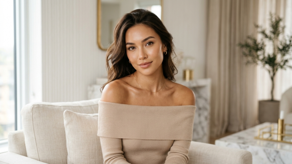 A medium shot of a beautiful young woman with long, wavy brown hair, looking directly at the camera with a gentle smile. She has a feminine facial structure, wearing natural, polished makeup with soft tones. She is dressed in a beige off-the-shoulder knitted top that highlights her shoulders and collarbones. The lighting is bright, soft, and natural, likely coming from a nearby window, creating a serene atmosphere. The camera angle is at eye level. She is seated on a light-colored, upholstered sofa. The background features a sophisticated, modern living room with a neutral color palette, including a soft beige curtain, a marble table, and a blurred green potted plant, giving the scene a calm and elegant aesthetic.