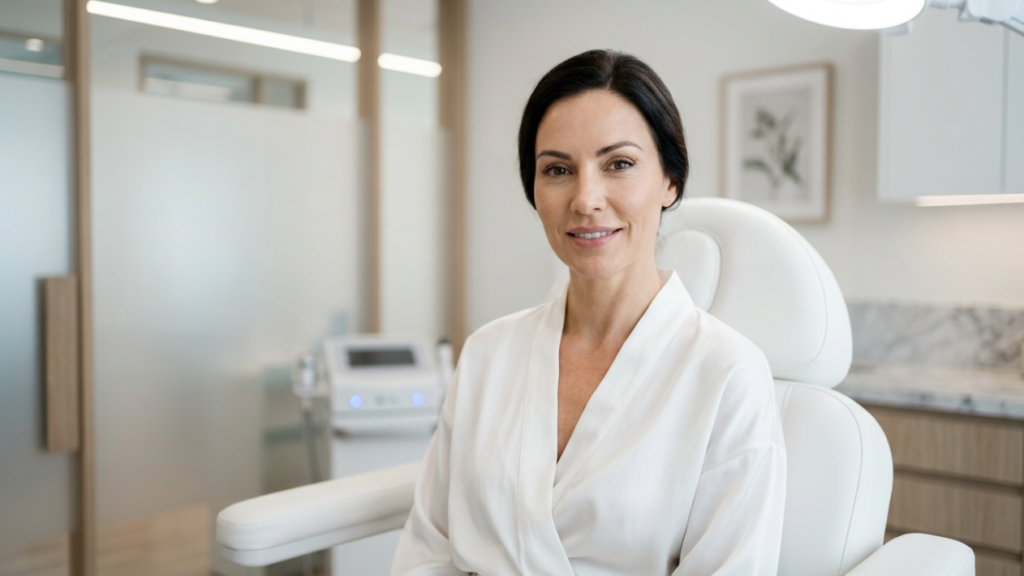 A professional medium shot of a smiling woman in her late 30s with dark hair, seated in a white medical examination chair in a clean, brightly lit modern clinic. She has a natural look with minimal, elegant makeup, well-defined eyebrows, and soft facial features. She is wearing a plain white spa or medical robe. The background is a soft-focus, minimalist aesthetic treatment room with warm, diffused natural and artificial clinical lighting, featuring light wood accents, a medical device, and a framed botanical print on the wall. The camera is at eye level, focusing clearly on her face and upper torso.