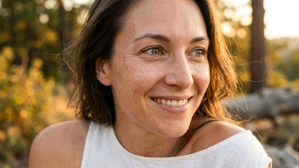 A close-up portrait of a middle-aged woman with a feminine appearance, smiling warmly and looking off-camera. She has natural skin with visible fine lines and freckles, wearing minimal to no makeup. Her shoulder-length brown hair is slightly tousled by the wind. She is dressed in a simple white top made of textured fabric. The lighting is soft and golden, likely from a sunset, creating a warm glow on her face and highlighting the trees in the softly blurred, out-of-focus background. The camera angle is at eye level, capturing a genuine and serene expression.