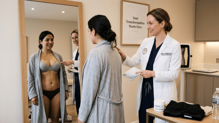 A female plastic surgeon, Dr. E. Thompson, in a white lab coat and dark scrubs, consults with a female patient wearing a grey robe, bra, and dark underwear in a modern medical clinic. The patient stands in front of a large mirror, revealing a surgical scar on her abdomen, while the doctor points to the mirror and holds medical paperwork, smiling warmly. The lighting is soft and professional, capturing the scene from a medium-angle perspective. The background features a clean, neutral-toned room with a sign reading 'Your Transformation Starts Here' and a consultation table with medical supplies.