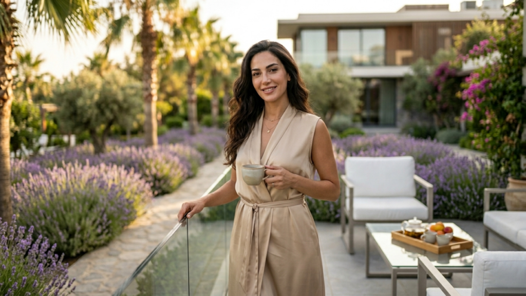 A medium shot, eye-level portrait of a smiling woman with long, wavy dark hair and natural, soft makeup, holding a beige ceramic mug on a terrace. She is wearing a sleeveless, belted, champagne-colored satin dress and a delicate necklace. The anatomy is relaxed, with one hand resting on a glass railing. The setting is a luxurious outdoor patio surrounded by lush lavender gardens and palm trees, with a modern villa in the background during golden hour, characterized by warm, soft, natural sunlight creating a serene and elegant atmosphere.