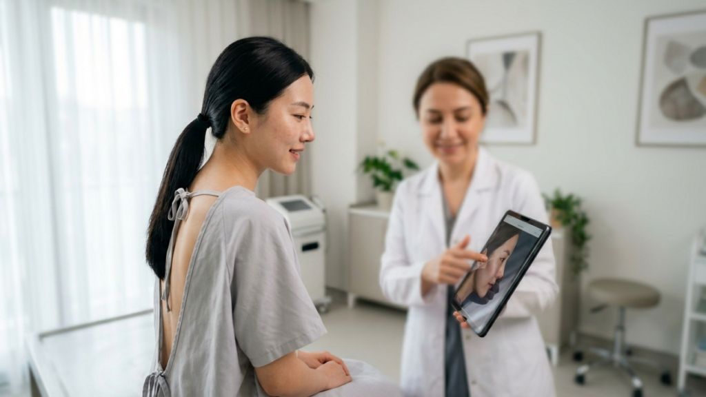 A medium shot in a clinical setting shows a female aesthetic doctor in a white lab coat, softly out of focus, consulting with an East Asian female patient who is seen in profile. The patient has dark hair pulled back in a ponytail and is wearing a light grey, tie-back hospital gown, revealing her neck and shoulder anatomy. The doctor holds a tablet, pointing to a close-up image of a face on the screen, likely explaining a cosmetic procedure. The lighting is bright, natural, and soft, typical of a modern medical office. The background is a clean, minimalist consultation room with medical equipment and wall art, maintaining a professional and sterile atmosphere. Both individuals appear calm and focused, with the doctor providing professional guidance and the patient listening attentively. The patient is wearing minimal to no makeup, showing natural skin texture.