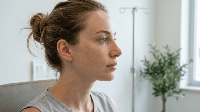 A profile shot of a young Caucasian woman with natural, makeup-free skin and visible freckles, looking forward with a calm expression. She has light brown hair styled in a casual messy bun. The lighting is soft and bright, highlighting her facial anatomy from a side angle. She is wearing a simple grey sleeveless top. The background is a clean, modern medical or clinic setting with an IV stand slightly blurred in the background and a green potted plant near a window, creating a soft, out-of-focus aesthetic.