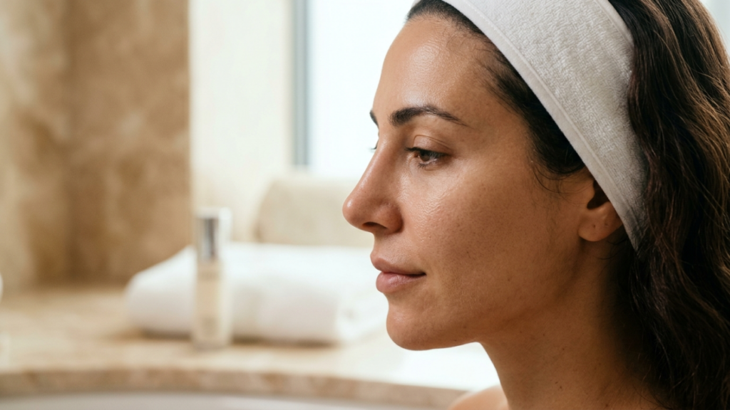 A profile side-view portrait of a woman with natural, makeup-free skin, captured in soft, bright, diffused lighting. The camera angle is a close-up side profile focusing on her facial anatomy and clear complexion. She is wearing a simple white spa headband. The background is a softly blurred, bright, and clean bathroom setting with a faint out-of-focus skincare bottle on a marble countertop, suggesting a professional skincare or aesthetic clinic environment.