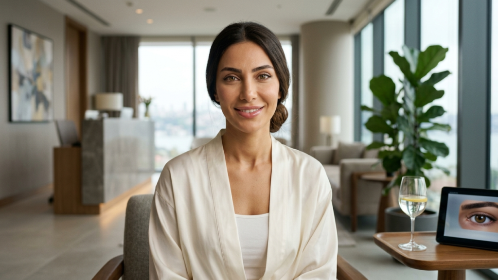A professional, medium shot of a smiling woman with olive skin and dark hair tied back in a low bun, centered in a bright, modern medical or spa clinic. She is wearing a cream-colored silky robe over a white top. The lighting is soft and natural, coming from large floor-to-ceiling windows behind her that offer a slightly blurred urban or coastal view. The camera is at eye level, capturing her from the chest up. Her makeup is natural and elegant, emphasizing her hazel-brown eyes and well-defined facial features. To her right, on a wooden side table, sits a glass of water with a lemon slice and a digital tablet displaying a close-up image of an eye. The background is a clean, contemporary waiting area with minimalist decor, a grey marble reception desk, and a potted plant.