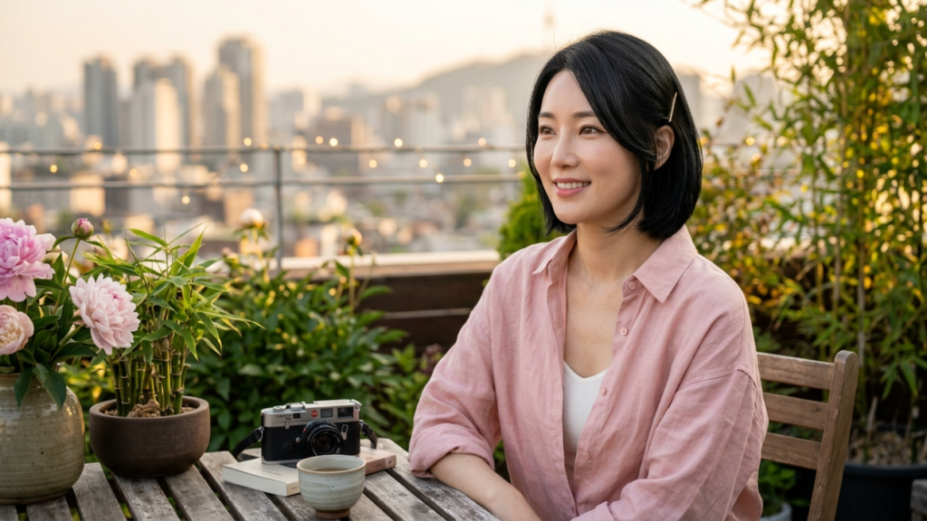 A woman with a feminine appearance and natural makeup, sitting outdoors on a rooftop terrace at sunset. She is wearing a soft pink linen shirt over a white top, with her dark hair styled in a short bob. The camera angle is eye-level, focusing on her as she smiles, looking away from the lens. Soft, warm golden-hour light illuminates her face and the surrounding greenery, which includes a vase of pink peonies and bamboo plants. On the wooden table in front of her, there is a vintage film camera, a small book, and a tea cup. The blurred background features an urban cityscape, creating a peaceful, relaxed atmosphere.