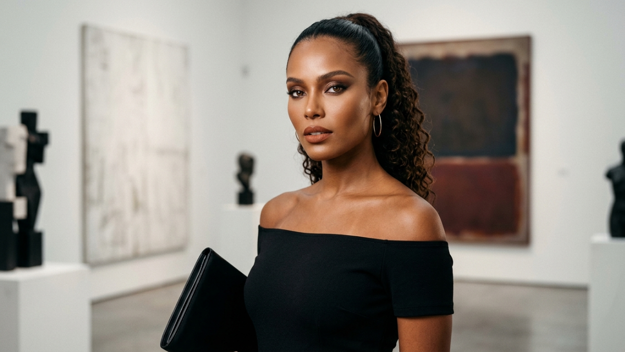 A medium shot of an elegant woman with tan skin, dark brown curly hair pulled into a high ponytail, and striking hazel eyes, standing in an art gallery. She is wearing an off-the-shoulder black dress and large hoop earrings. Her makeup is sophisticated, featuring soft brown eyeshadow and a matte nude lipstick. The lighting is soft and professional, highlighting her facial features. She is holding a sleek black clutch. The background is a minimalist, white-walled art gallery with blurred abstract paintings and sculptures, creating a clean, sophisticated, and artistic atmosphere. The camera angle is at eye level, focusing directly on the subject.