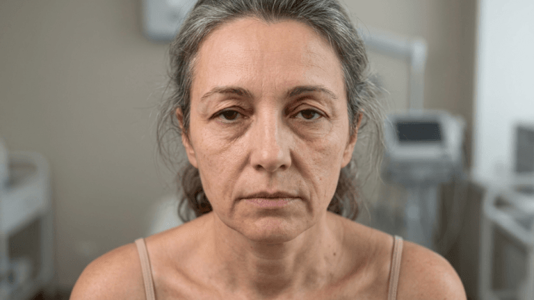 Ein Kopf‑und‑Schultern‑Porträt auf Augenhöhe einer mittelalten Patientin mit natürlichem grauen Haar, aufgenommen in einem klinischen Umfeld. Das Licht ist weich und gleichmäßig, hebt die Gesichts‑Anatomie, Hautstruktur und Alterserscheinungen wie feine Linien und Tränensäcke hervor. Die Probandin trägt ein beiges ärmelloses Oberteil und hat kein sichtbares Make-up, zeigt einen neutralen, direkt nach vorne gerichteten Ausdruck. Der Hintergrund ist ein leicht verschwommenes medizinisches Büro mit Geräten, wobei der Fokus auf dem Gesicht der Patientin bleibt.