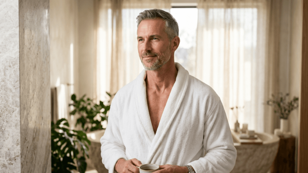 A medium-shot photo of a middle-aged man with salt-and-pepper hair and a neatly trimmed beard, wearing a white plush bathrobe, standing in a bright, modern bathroom. The lighting is soft and natural, coming from a window with sheer curtains in the background, creating a serene atmosphere. The man has a calm, pleasant expression, looking slightly off-camera. He is holding a small cup in his hands. The bathroom background features blurred indoor plants and a minimalist tub, emphasizing a luxurious, relaxed morning routine. Focus is sharp on the subject, captured at eye level.