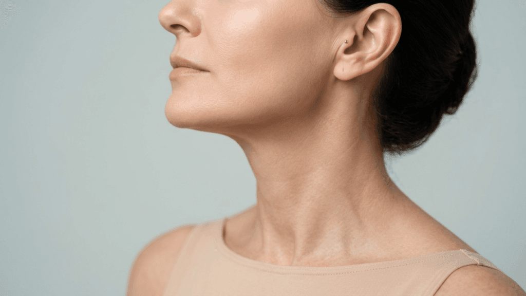 A profile-view, close-up shot of a middle-aged woman's face and neck against a plain, light grey studio background. The lighting is soft and even, highlighting her skin texture and jawline. She has her hair pulled back in a neat bun, wears no visible makeup, and is dressed in a beige, sleeveless top. The composition focuses on her facial anatomy and neck profile, capturing natural skin details without excessive retouching.