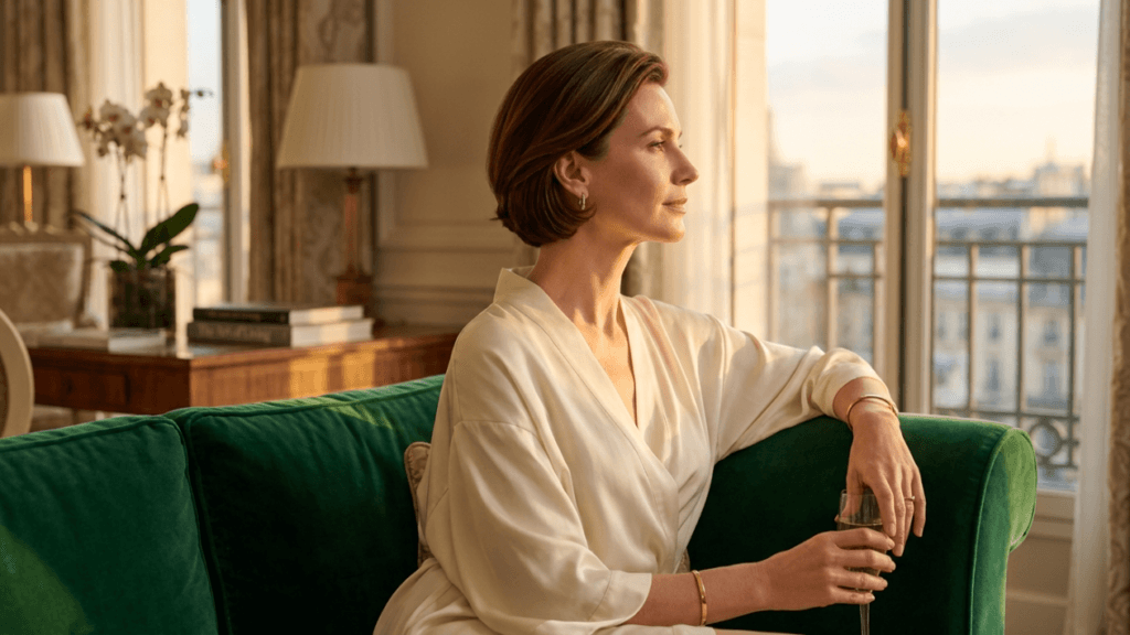 A sophisticated woman with short, styled brown hair, wearing a white silk robe and subtle natural makeup, sits in profile on a plush emerald green velvet sofa. She holds a champagne flute in one hand and gazes serenely out of a large window towards a city view. The scene is illuminated by warm, soft golden hour sunlight, captured from a medium-shot side angle, highlighting her elegant posture and facial features. The background features a luxurious, cozy interior with a side table, a lamp, and a floral arrangement.