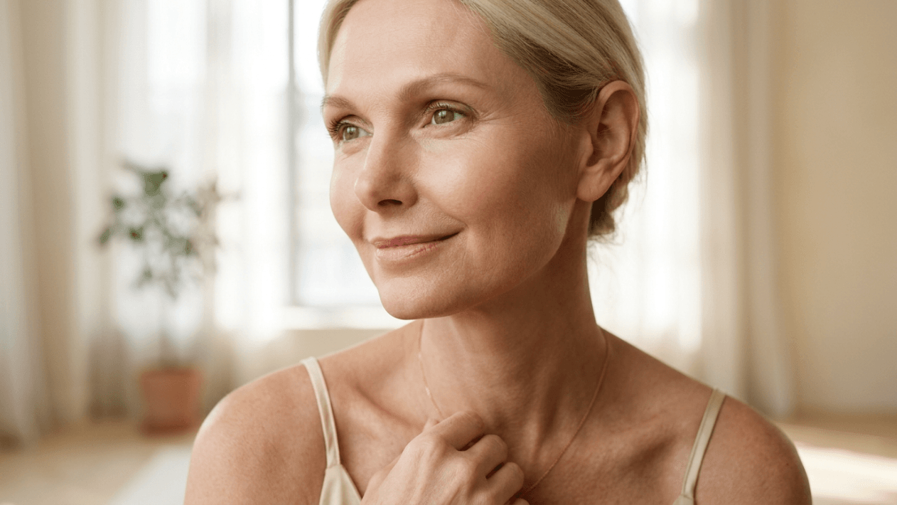 A close-up, medium shot of a middle-aged woman with fair skin, blonde hair pulled back, and a serene expression, looking away from the camera. She has natural, minimal makeup, featuring soft skin texture, subtle definition, and a gentle smile. She is wearing a simple, beige spaghetti-strap top and a delicate gold necklace. Her anatomy is captured in a graceful pose with her hand near her collarbone. The lighting is soft, natural, and diffused, coming from a bright window behind her, creating a warm, airy atmosphere. The background is a slightly blurred, minimalist room with sheer curtains and a hint of a green plant, emphasizing a clean, aesthetic, and professional medical or lifestyle portrait style.