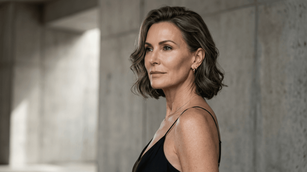 A professional portrait of a mature woman with a sophisticated appearance, captured from a side profile angle. She has shoulder-length, wavy brunette hair and natural-looking makeup that enhances her elegant facial features. She is wearing a simple black spaghetti-strap top and a delicate necklace. The lighting is soft and natural, emphasizing the refined texture of her skin. The background is a minimalist, industrial-style concrete wall with soft shadows, creating a clean, modern, and high-end aesthetic.