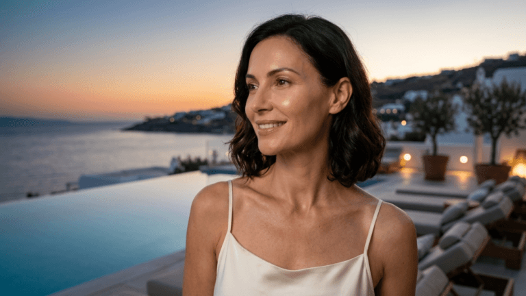 Un'inquadratura medio-prima di una donna elegante con capelli scuri lunghi fino alle spalle, catturata da un'angolazione leggermente alta. Ha una pelle naturale e luminosa con un trucco sottile e professionale, presenta un sorriso dolce e lineamenti delicati. Indossa un semplice top a spalline color crema. L'illuminazione è soffusa e dorata, tipica dell'ora del tramonto, che illumina il suo volto e mette in risalto lo sfondo calmo e scenico di una lussuosa terrazza con piscina a sfioro che si affaccia sul mare al crepuscolo.