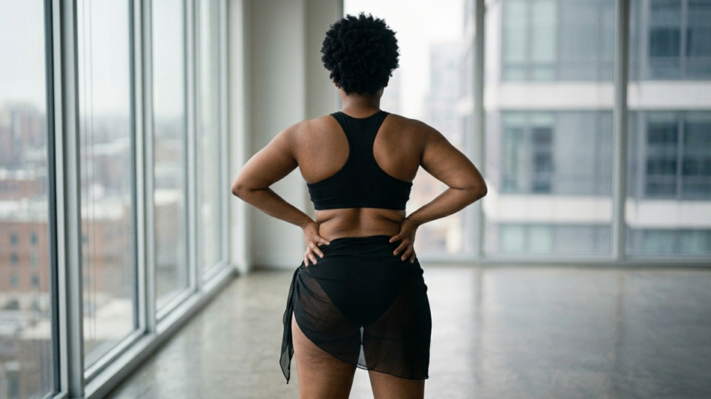 A back view of a woman with a natural, athletic build and short curly dark hair, standing in a brightly lit room with floor-to-ceiling windows looking out over a city. She is wearing a black racerback sports bra and a matching black sheer wrap sarong, with her hands placed confidently on her hips. The lighting is soft and natural, emphasizing the contours of her body. The overall composition is a straight-on, eye-level shot capturing a moment of body positivity and self-confidence.