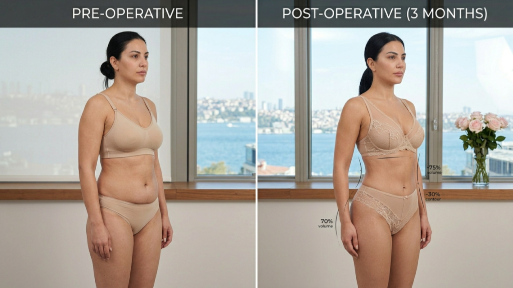 A comparison image showing the pre-operative and post-operative (3 months later) body transformation of a female patient. The woman has dark hair tied back, minimal natural makeup, and a neutral expression, shown in a side profile view. The lighting is soft and natural, coming from a large window in the background that overlooks a cityscape and water. In the 'pre-operative' photo, she wears plain beige lingerie. In the 'post-operative' photo, she wears lacy beige lingerie, and the image includes subtle graphic overlays indicating changes in body volume and contour, with a vase of pink roses on the windowsill nearby.