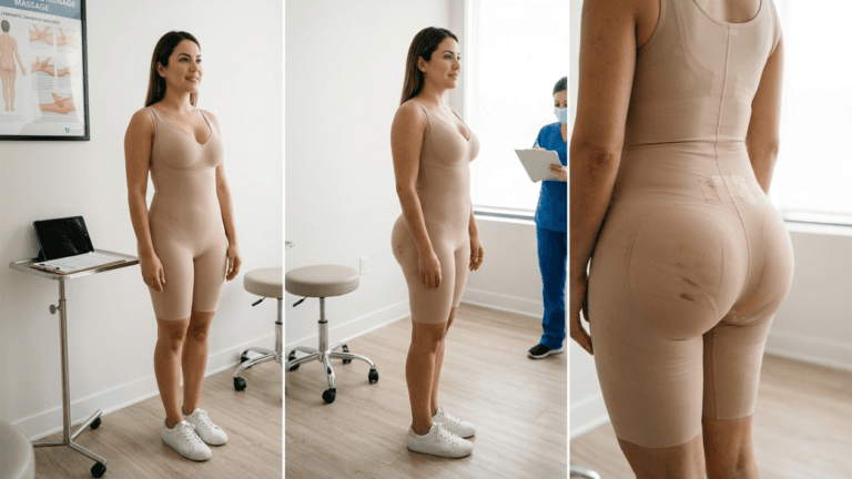 Un'immagine composita di una paziente femminile durante una consulenza medica post-operatoria. La donna ha una carnagione chiara-medio, trucco leggero e capelli lunghi castani, indossa un body di compressione beige. Le foto sono scattate a livello degli occhi in un ambiente clinico luminoso con luce naturale soffusa, mostrando viste frontale, laterale e ravvicinata posteriore della sua anatomia dopo l'intervento. Sullo sfondo, un professionista medico in camice blu prende appunti vicino a una finestra, con una cartella clinica e un tablet visibili su un vassoio.