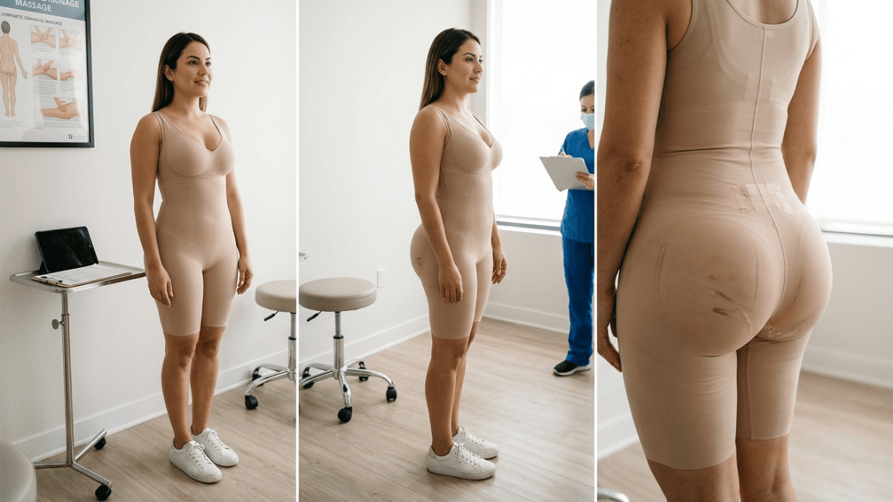 A composite image of a female patient undergoing a post-operative medical consultation. The woman has light-medium skin, subtle makeup, and long brown hair, wearing a beige compression garment bodysuit. The photos are taken from eye-level in a bright, clinical setting with soft natural light, showing front, side, and close-up rear views of her anatomy following surgery. In the background, a medical professional in blue scrubs is taking notes near a window, with a medical chart and tablet visible on a tray.