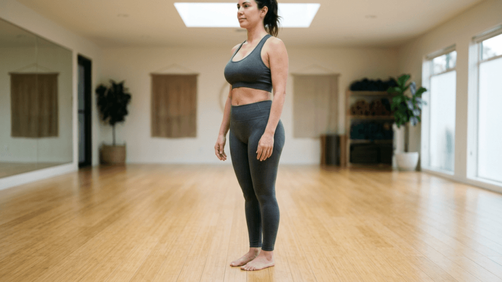 A side-profile full-body shot of a fit woman with athletic anatomy standing in a bright, minimalist yoga studio. She has natural makeup and is wearing a matching dark grey charcoal sports bra and high-waisted leggings set. The lighting is soft, natural, and diffused, coming from a skylight above. The camera angle is at eye level, capturing her upright, neutral posture. The background features polished light-wood floors, a large wall mirror, indoor plants, and clean, neutral-toned walls, creating a serene and professional fitness environment.